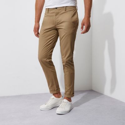 Tan stretch slim fit chino trousers - Trousers - Sale - men