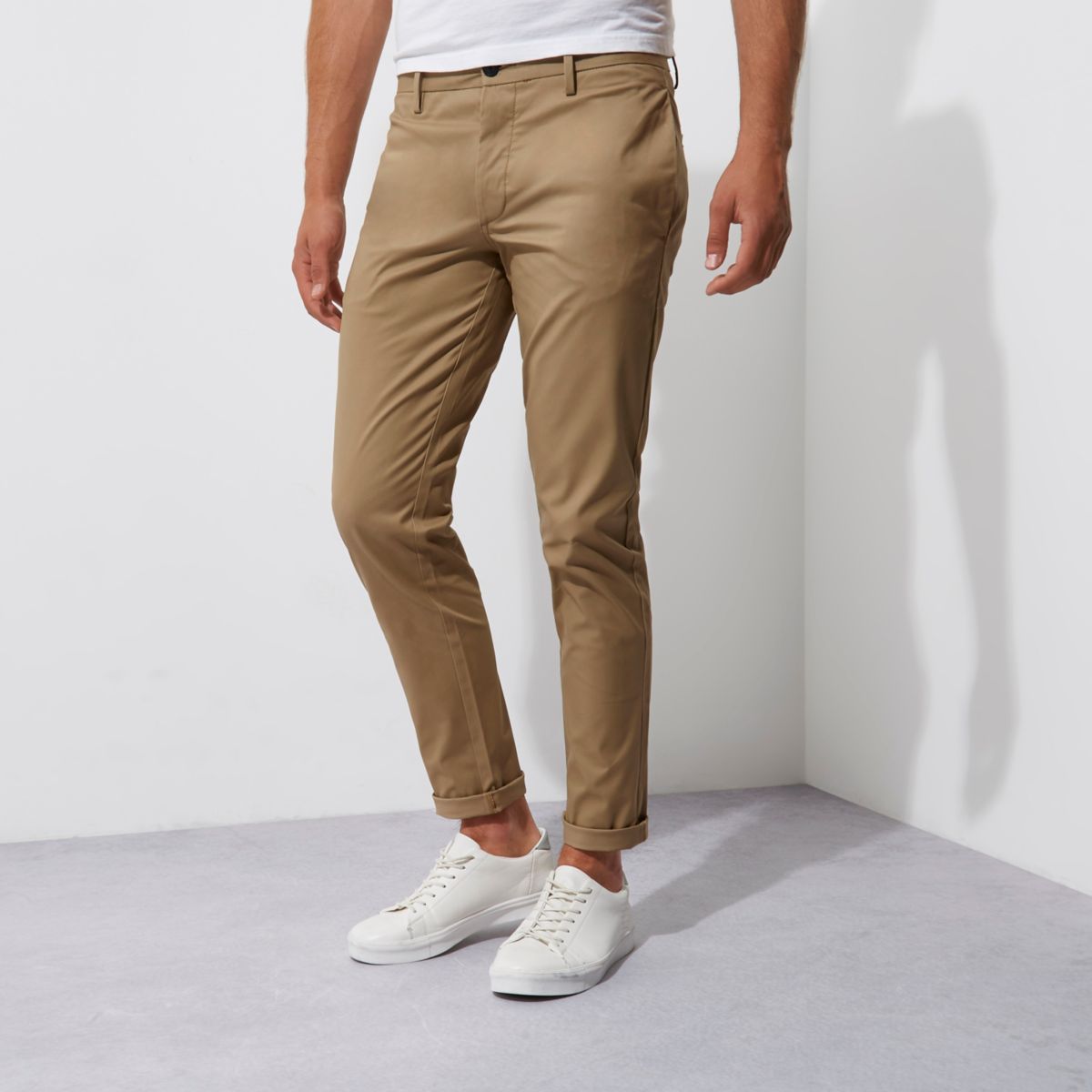 Tan stretch slim fit chino trousers - Trousers - Sale - men