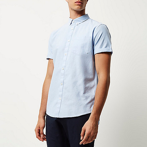 Light blue casual short sleeve Oxford shirt - short sleeve shirts ...