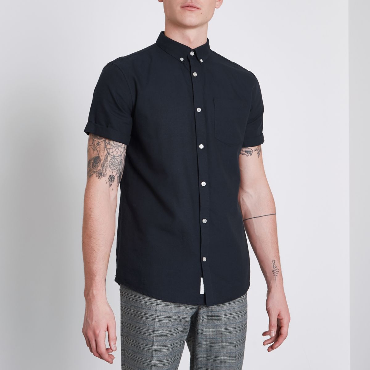 Navy short sleeve casual Oxford shirt - Short Sleeve Shirts - Shirts - men