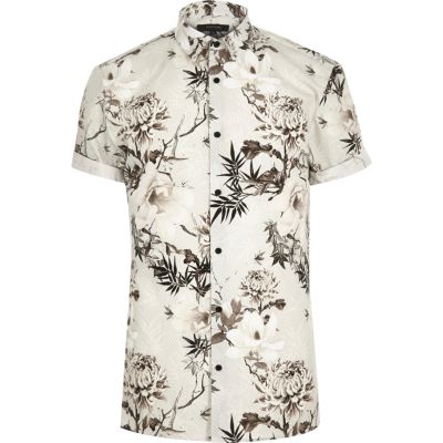 White floral print slim fit shirt - short sleeve shirts - shirts - men