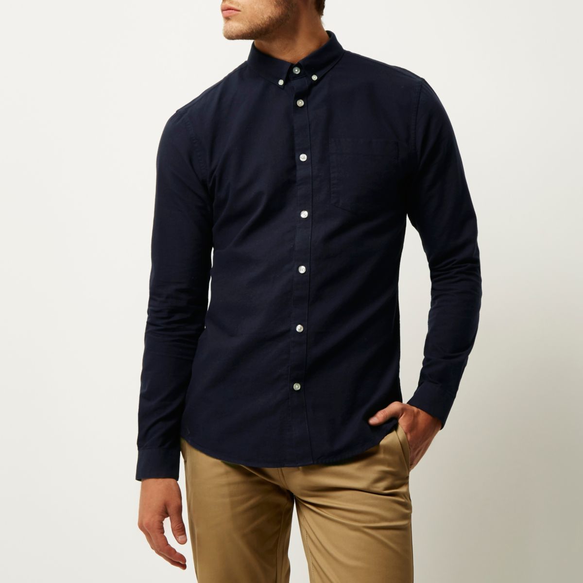 Navy slim fit long sleeve Oxford shirt - Shirts - Sale - men