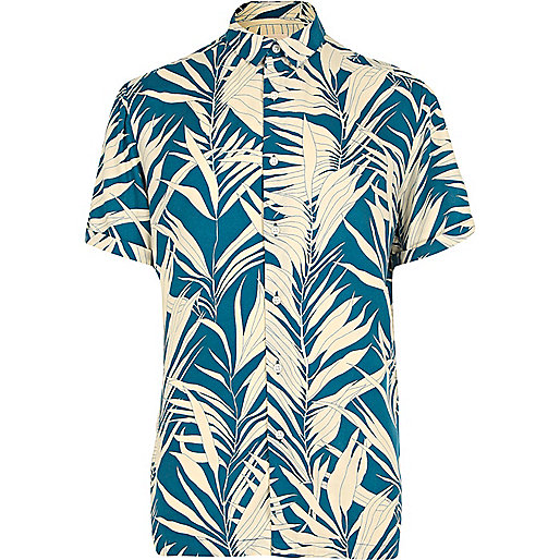 Blue bamboo print short sleeve shirt - short sleeve shirts - shirts - men