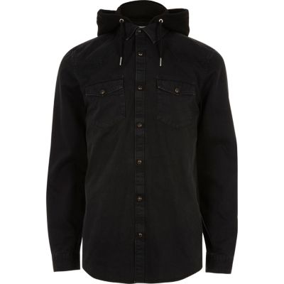 Black hooded denim shirt - long sleeve shirts - shirts - men