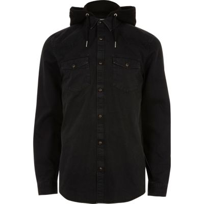 hooded denim long sleeve button up shirt