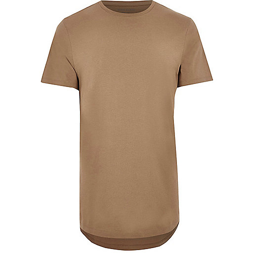 Light brown curved hem longline T-shirt - plain t-shirts - t-shirts ...
