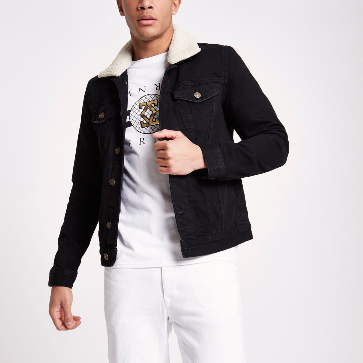 Black washed collar denim jacket Jackets Coats & Jackets men