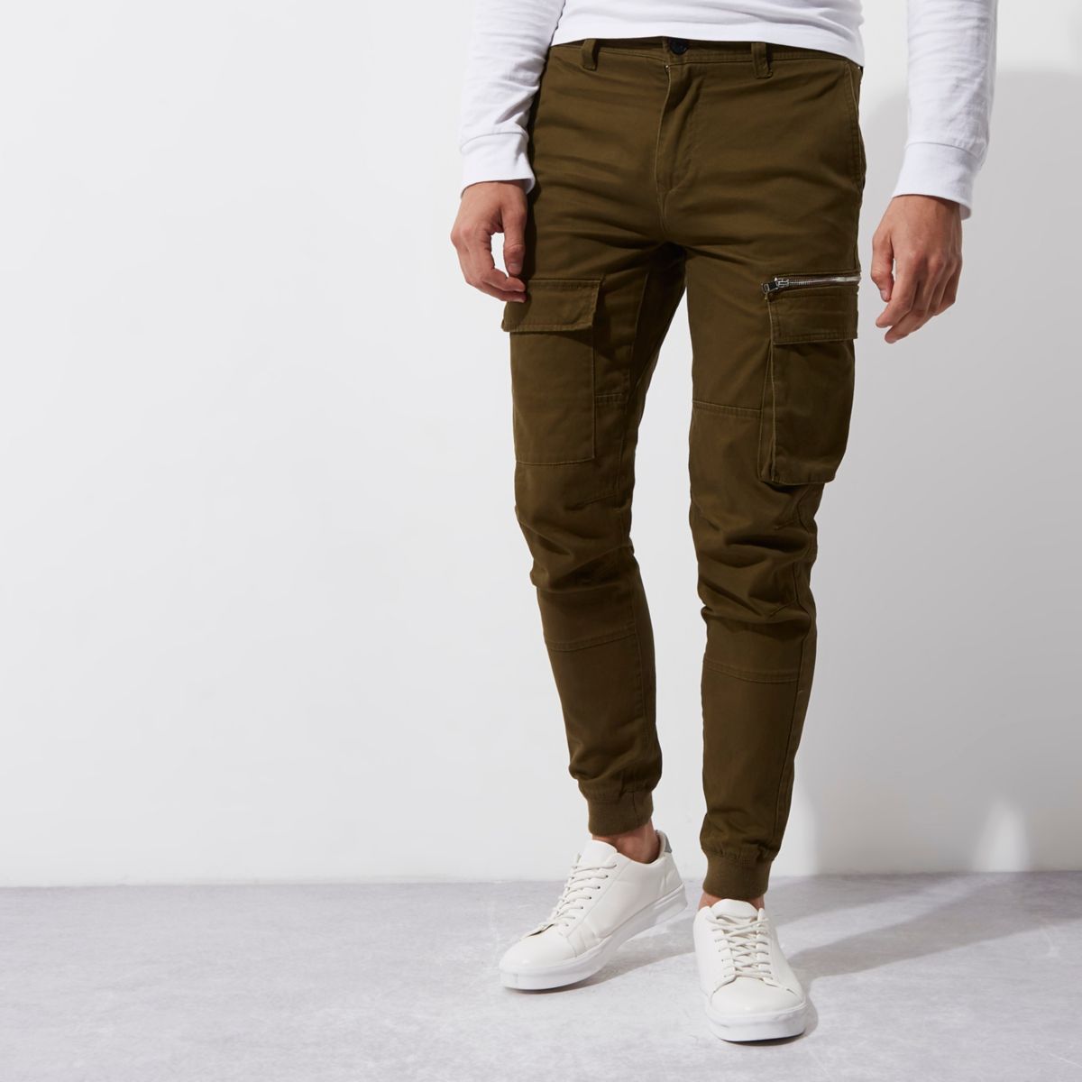Dark khaki green skinny fit cargo trousers - Trousers - Sale - men