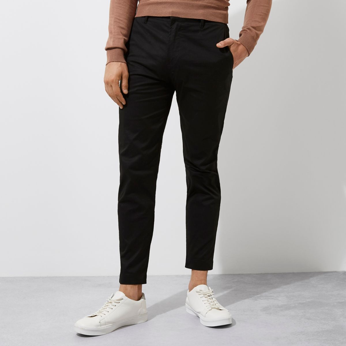 Black slim fit ankle grazer chino trousers - Trousers - Sale - men