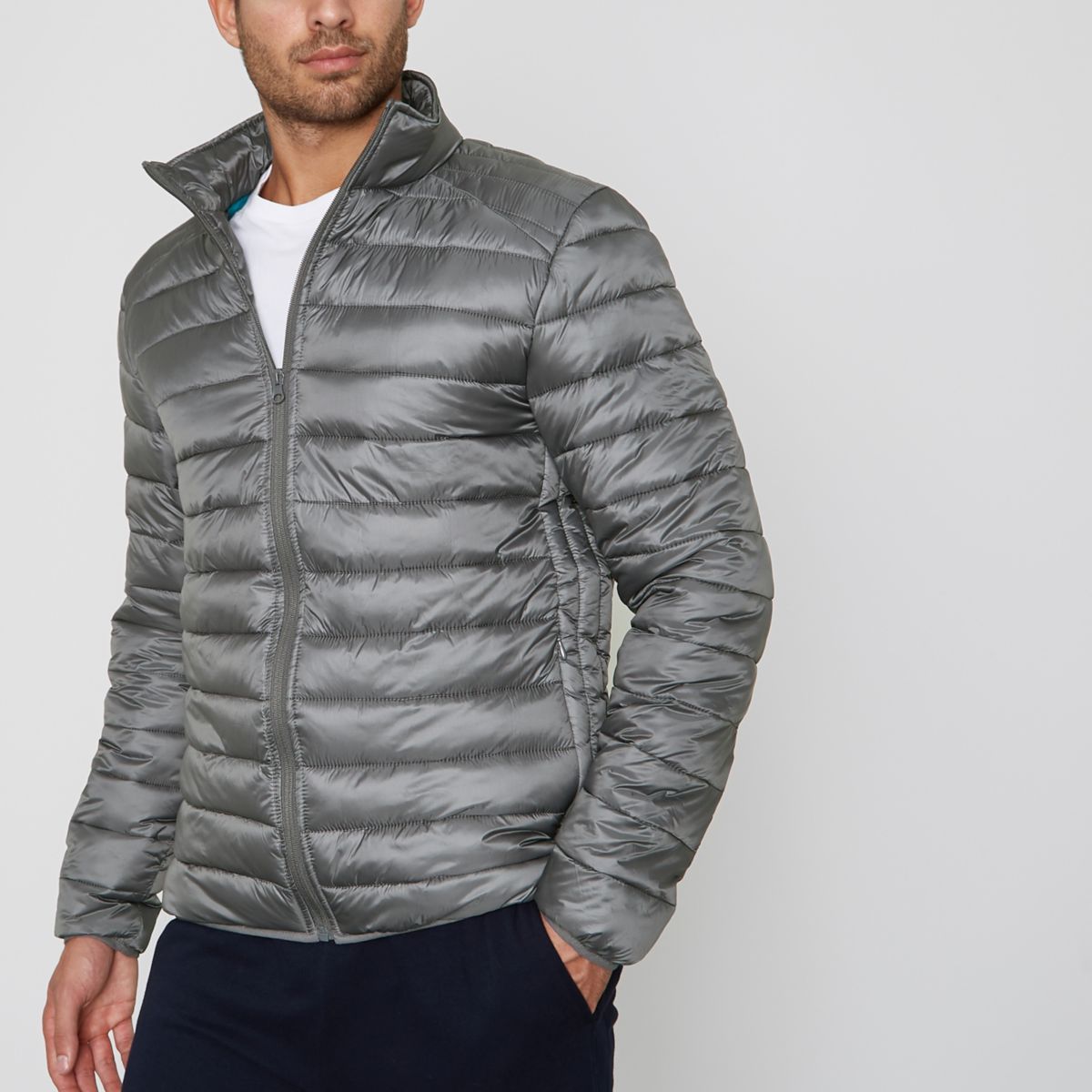 River Island Mens Grey funnel neck puffer jacket | Gay Times UK | £55.00
