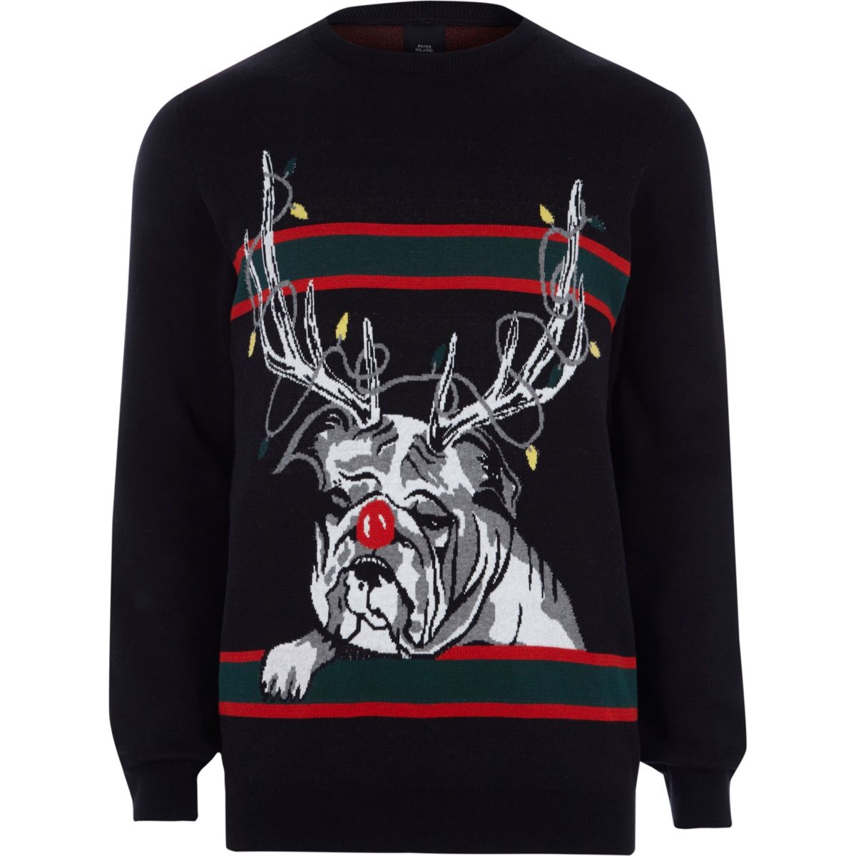 Black reindeer bulldog knit Christmas jumper