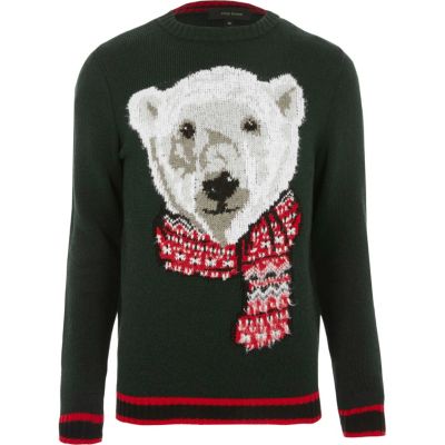 Dark green polar bear knit Christmas jumper