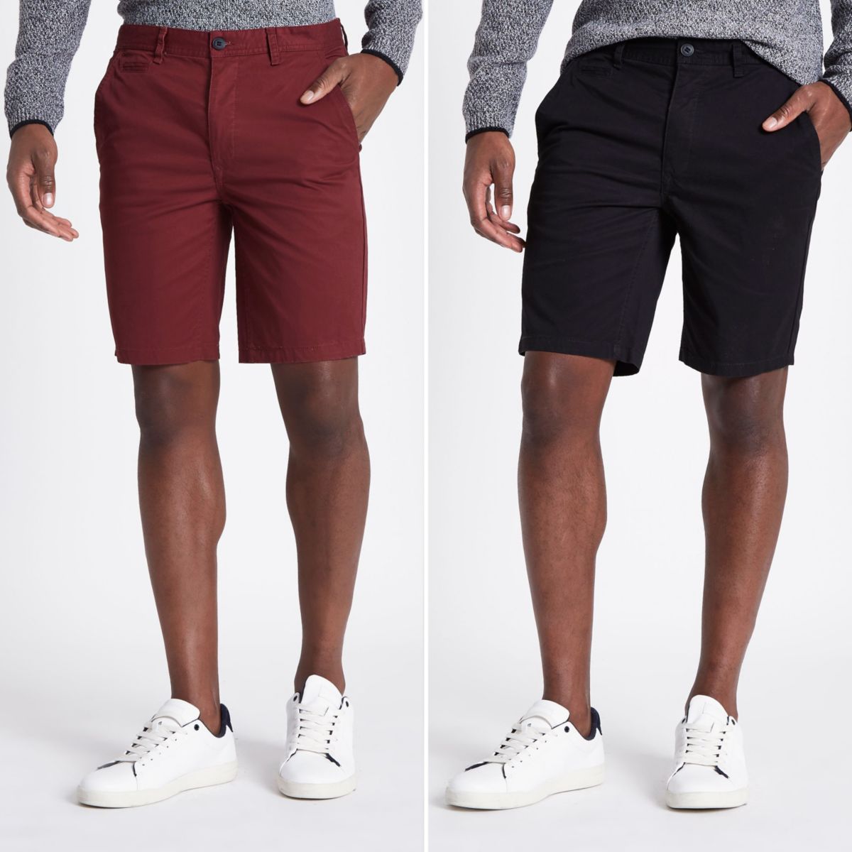 slim fit chino shorts next to men