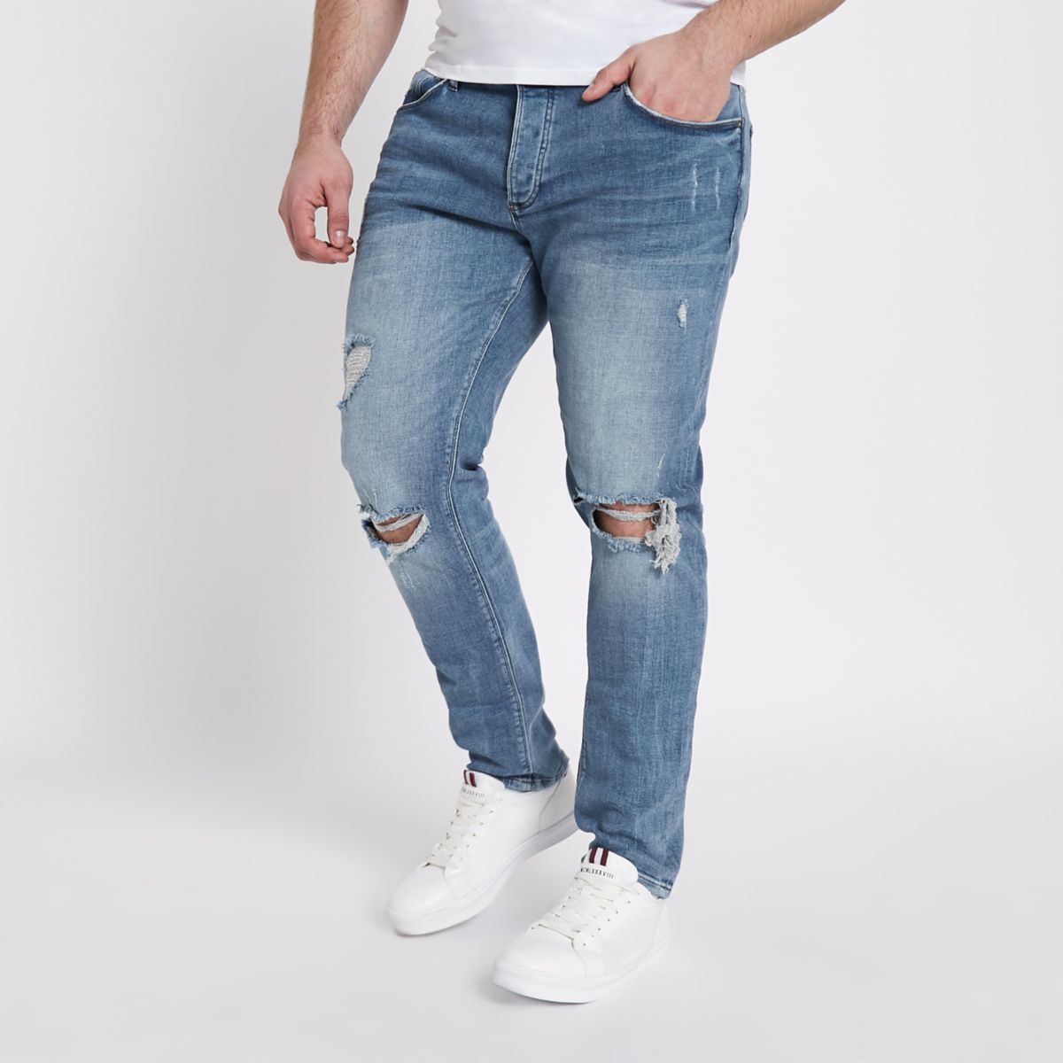 Big and Tall mid blue ripped skinny jeans - Skinny Jeans - Jeans - men
