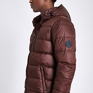 Red hooded puffer jacket