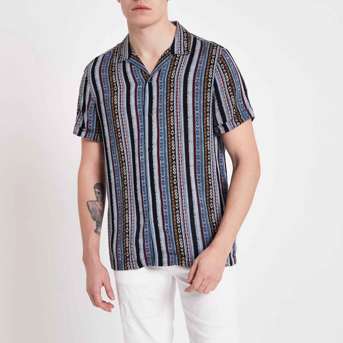 Blue aztec print short sleeve revere shirt Short Sleeve Shirts