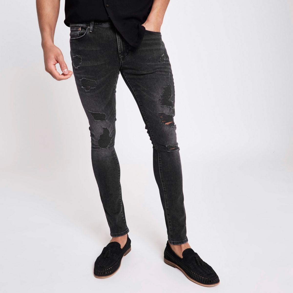 Black wash Jerry ripped super skinny jeans Jeans Sale men
