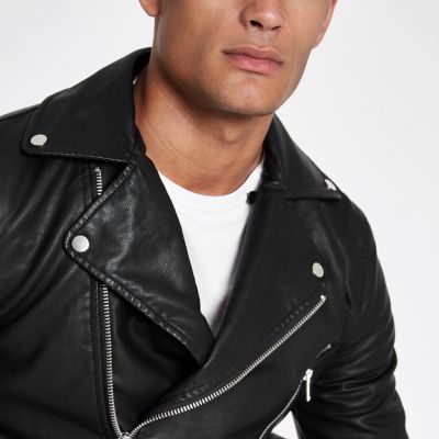 black hooded faux leather biker jacket