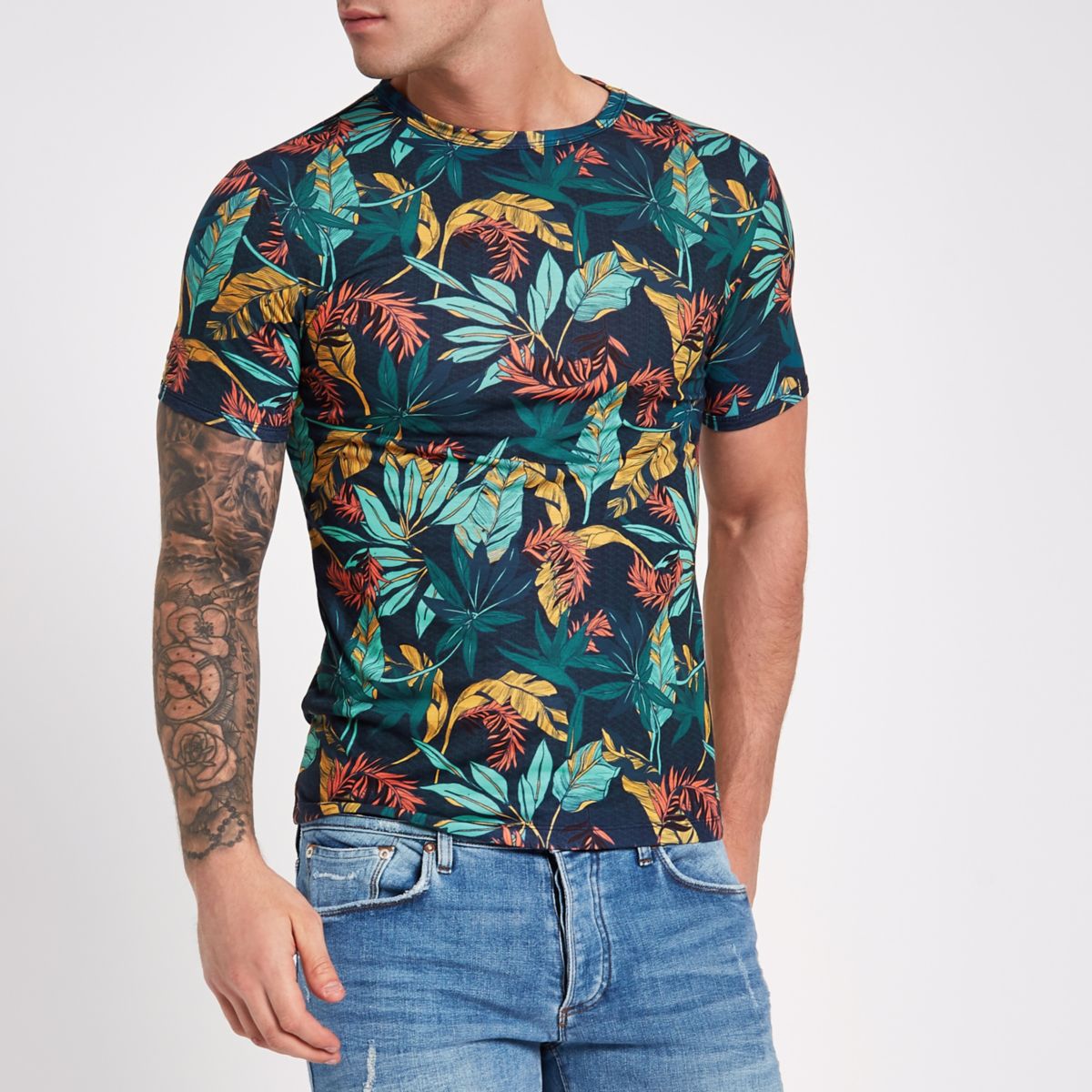 River Island Mens Blue muscle fit tropical print T-shirt | £7.00 ...