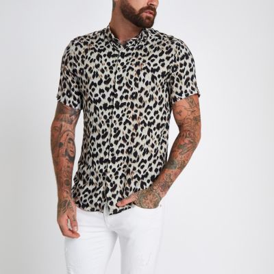 Grey leopard print revere slim fit shirt - Short Sleeve Shirts - Shirts - men