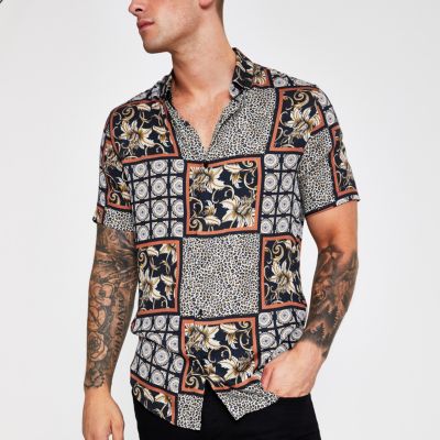 Men Mixed Print Baseball Shirt