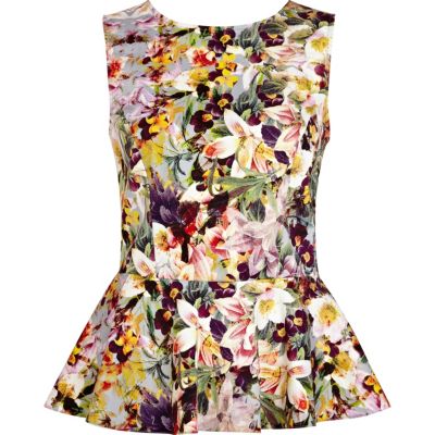 Pink floral print sleeveless peplum top - Tops - Sale - women