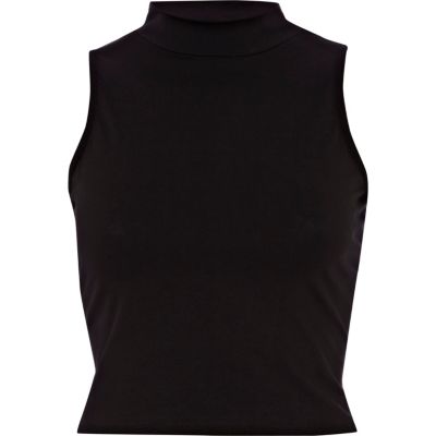 Black turtle neck sleeveless crop top - tops - sale - women