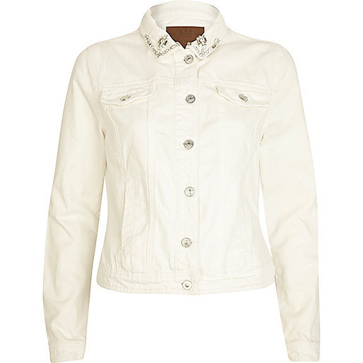 Cream diamante collar denim jacket - coats / jackets - sale - women