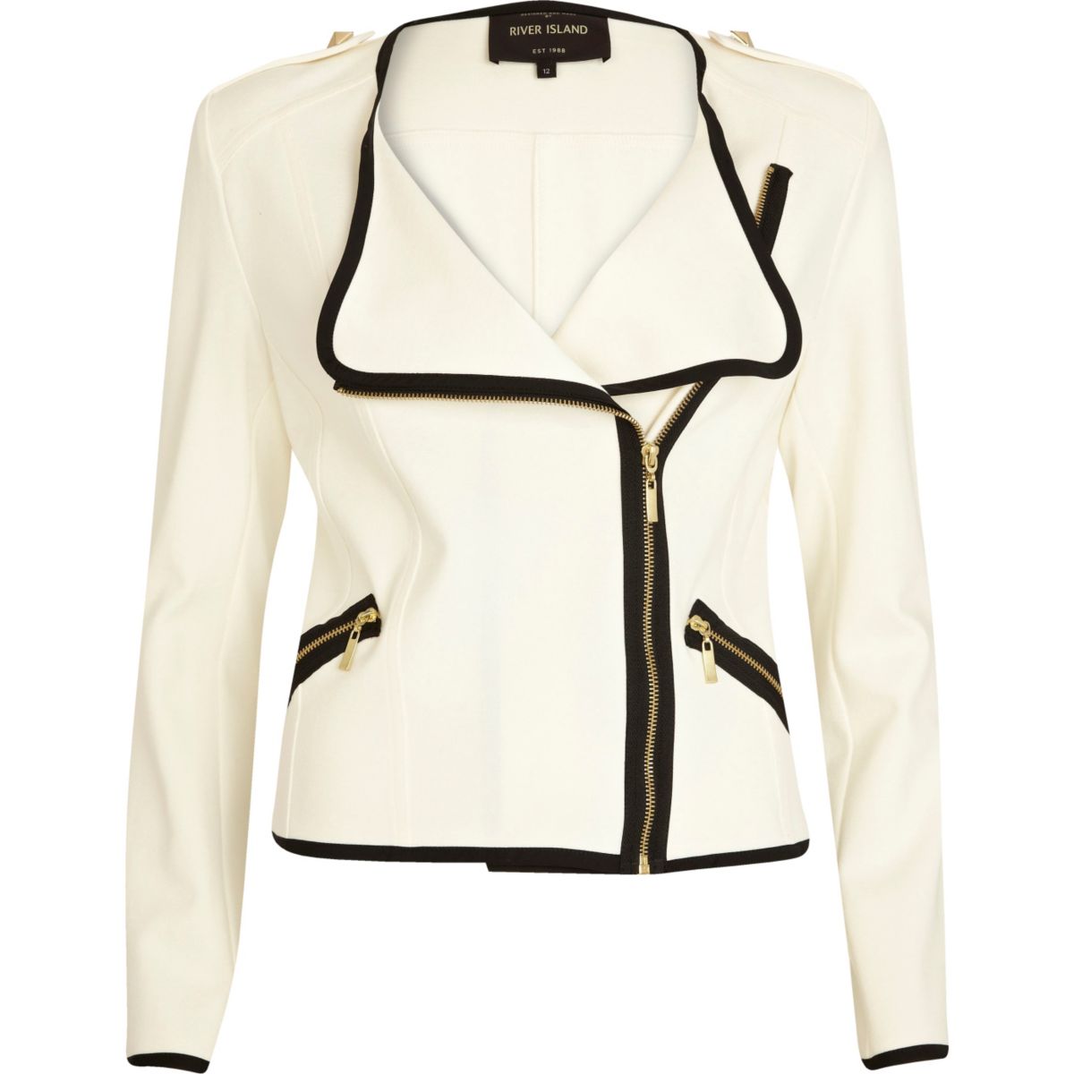 Cream contrast trim biker blazer - Coats & Jackets - Sale - women