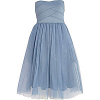 Blue bandeau mesh prom dress