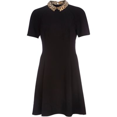 Black leopard collar fit and flare dress