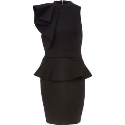 Black asymmetric frill peplum dress