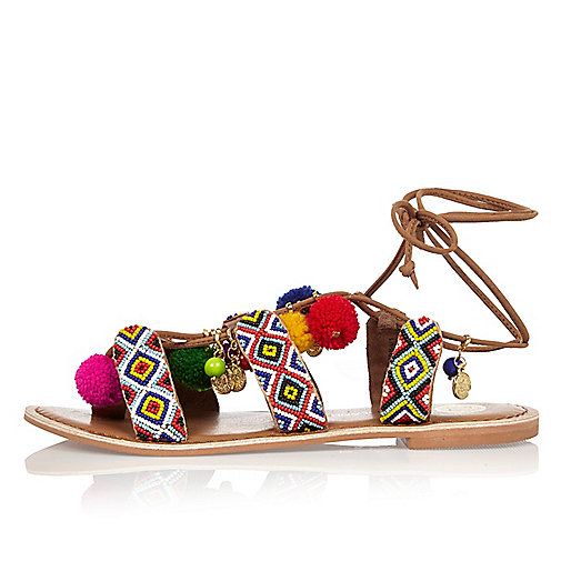 Brown print leather pom pom sandals - sandals - shoes / boots - women