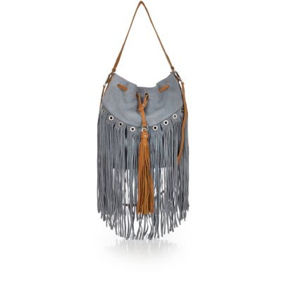 Blue suede fringe duffle handbag