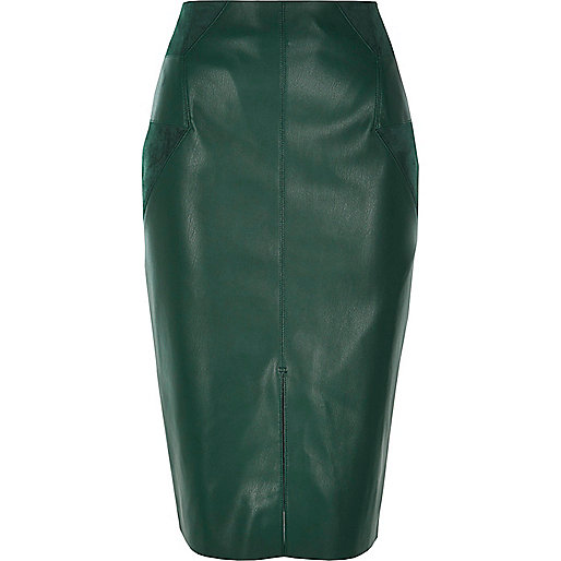 Dark green leather look pencil skirt - midi skirts - skirts - women