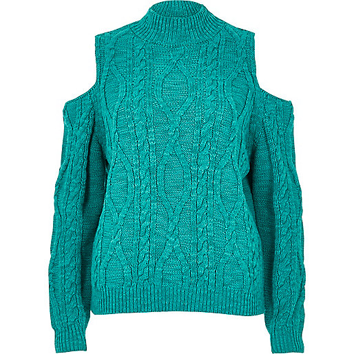 Bright green cold shoulder cable knit jumper - jumpers - knitwear - women