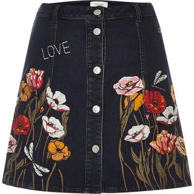 Black floral embroidered A-line denim skirt - mini skirts - skirts - women