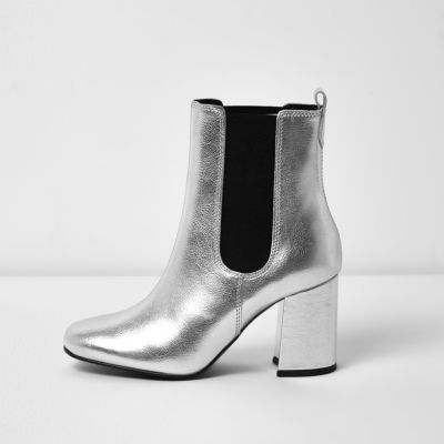 Silver leather block heel ankle boots - boots - shoes / boots - women