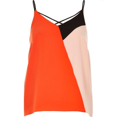 Red colour block strappy cami