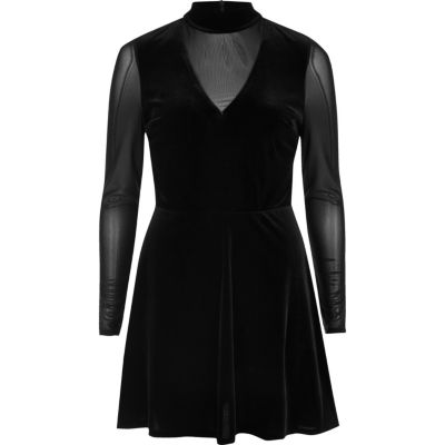 Black velvet choker mesh sleeve skater dress - skater dresses - dresses ...