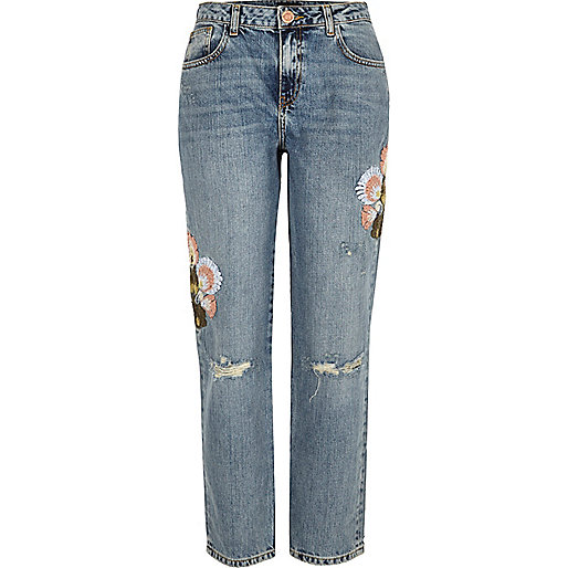 Light wash embroidered cigarette jeans - boyfriend / slouch jeans ...