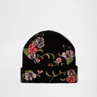 Black floral embroidered beanie - hats - accessories - women