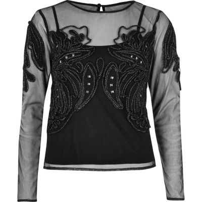 Black embellished mesh top - blouses - tops - women