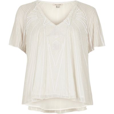 Cream embellished T-shirt - blouses - tops - women