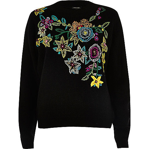 Black knit floral embroidered jumper - jumpers - knitwear - women