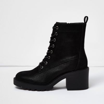 austin black leather chunky lace up boots