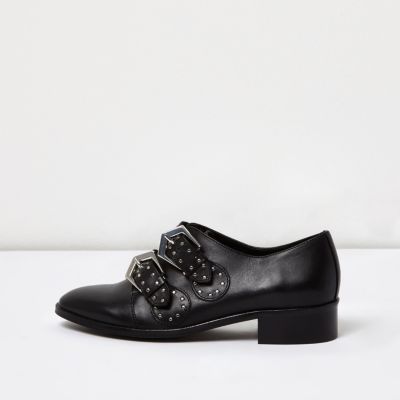 Black studded buckle shoes - flat shoes - shoes / boots - women