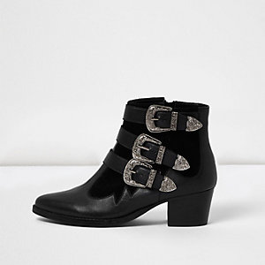 Black leather western buckle strap boots