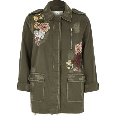 Khaki floral embroidered army jacket - jackets - coats / jackets - women