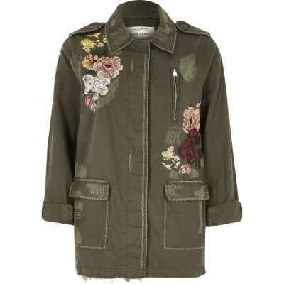 Khaki floral embroidered army jacket jackets coats / jackets women